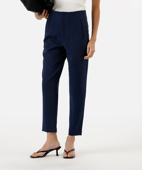 calça alfaiataria cintura alta com pences - azul marinho