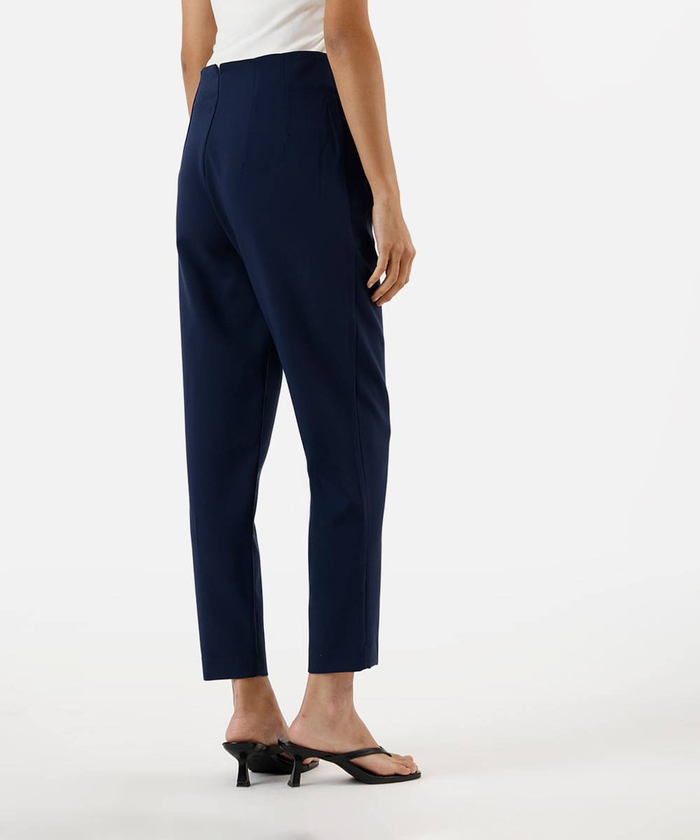 calça alfaiataria cintura alta com pences - azul marinho