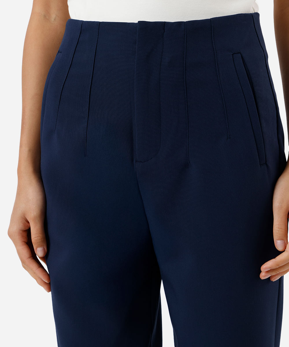 calça alfaiataria cintura alta com pences - azul marinho