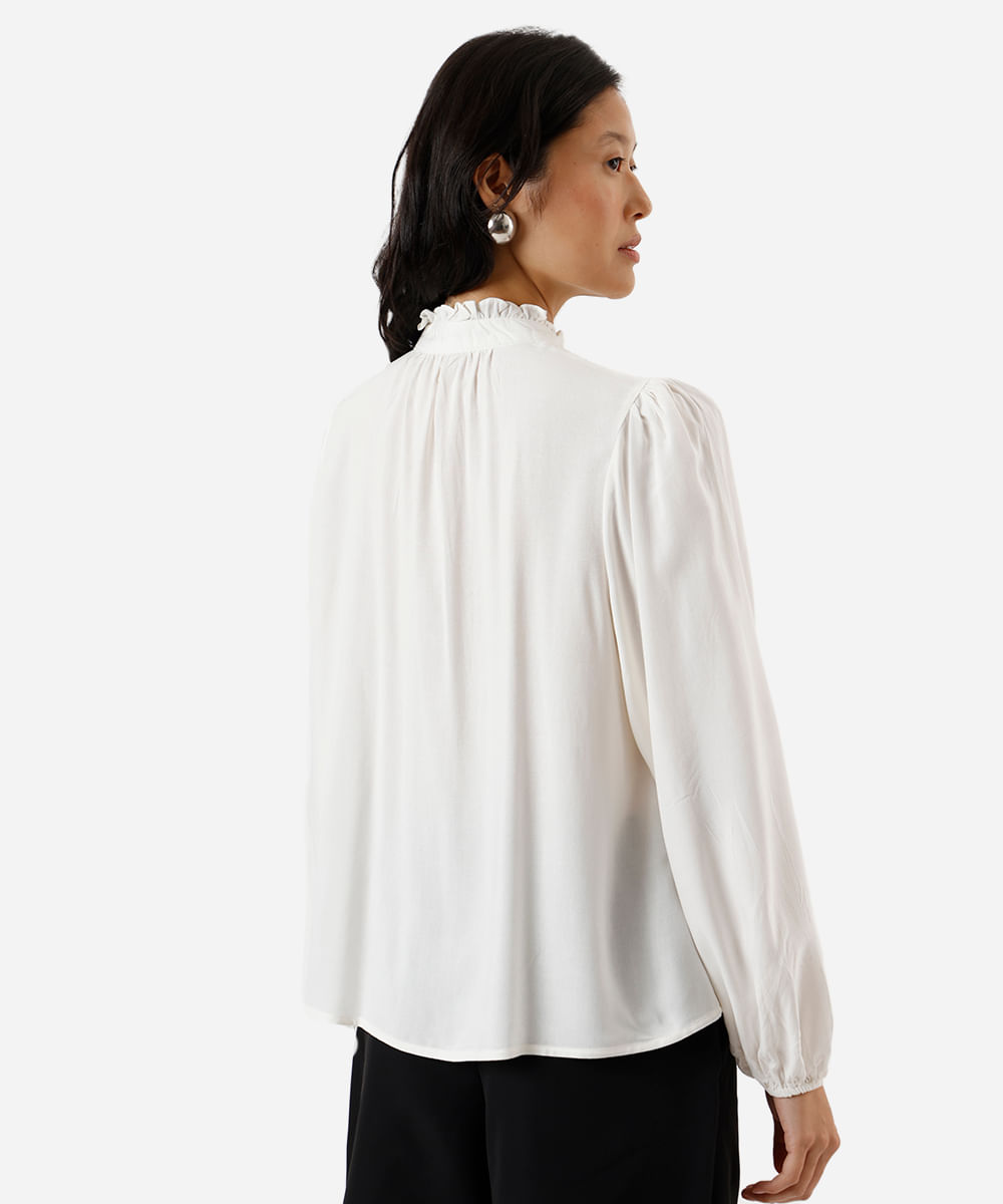 camisa feminina de viscose com recorte manga longa off white