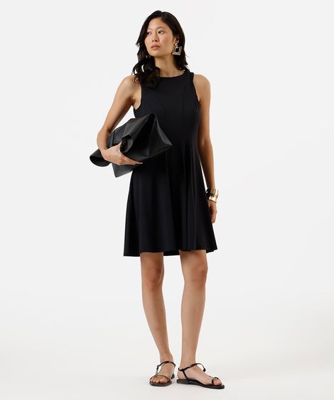 vestido curto evasê feminino decote redondo com recortes preto