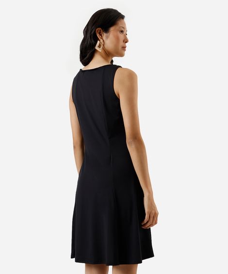 vestido curto evasê feminino decote redondo com recortes preto