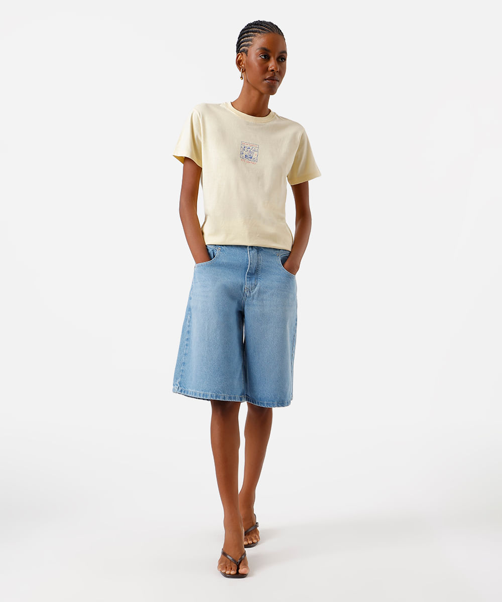 camiseta feminina de algodão estampada amarela