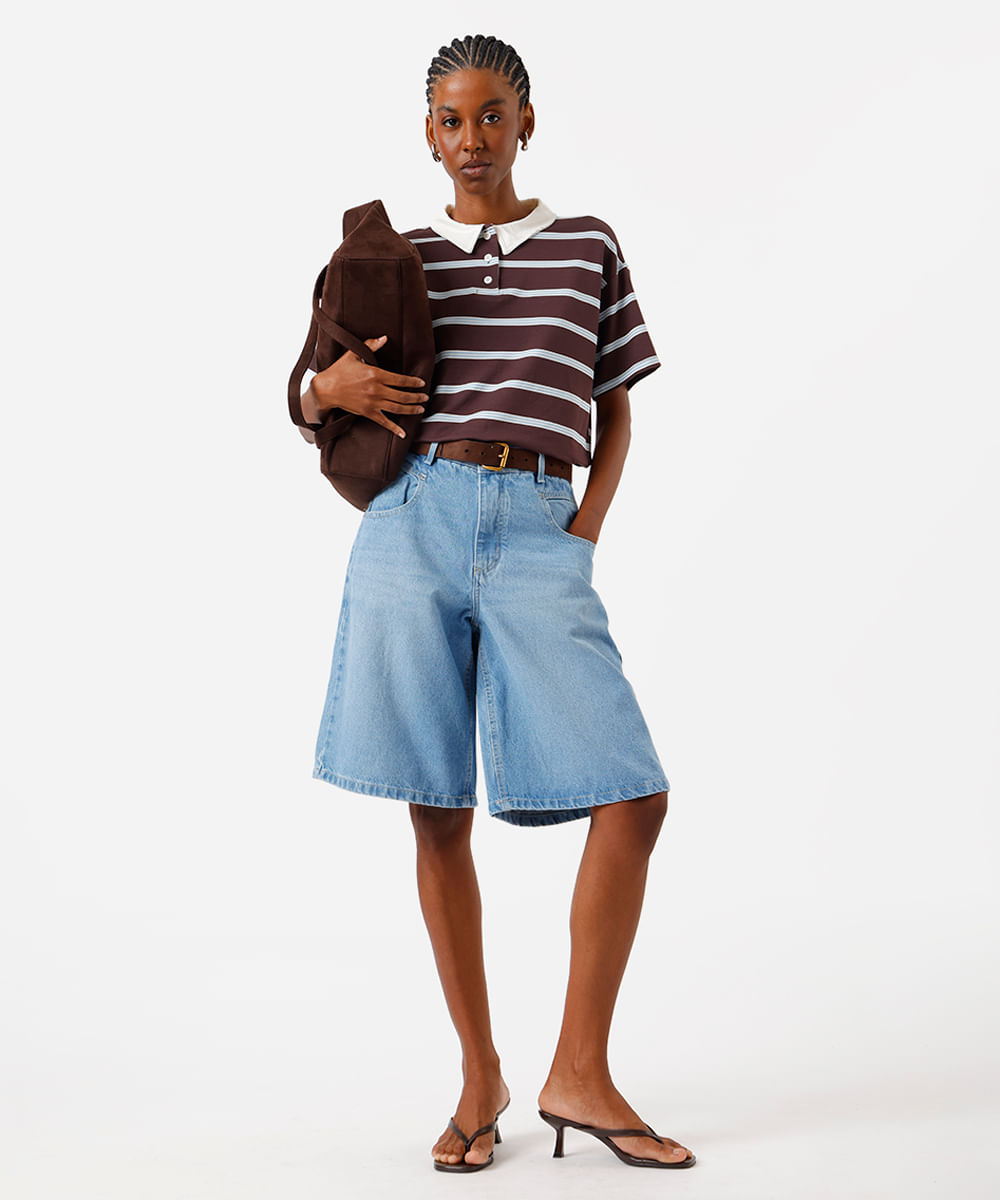 polo boxer feminina com viscose listrada marrom