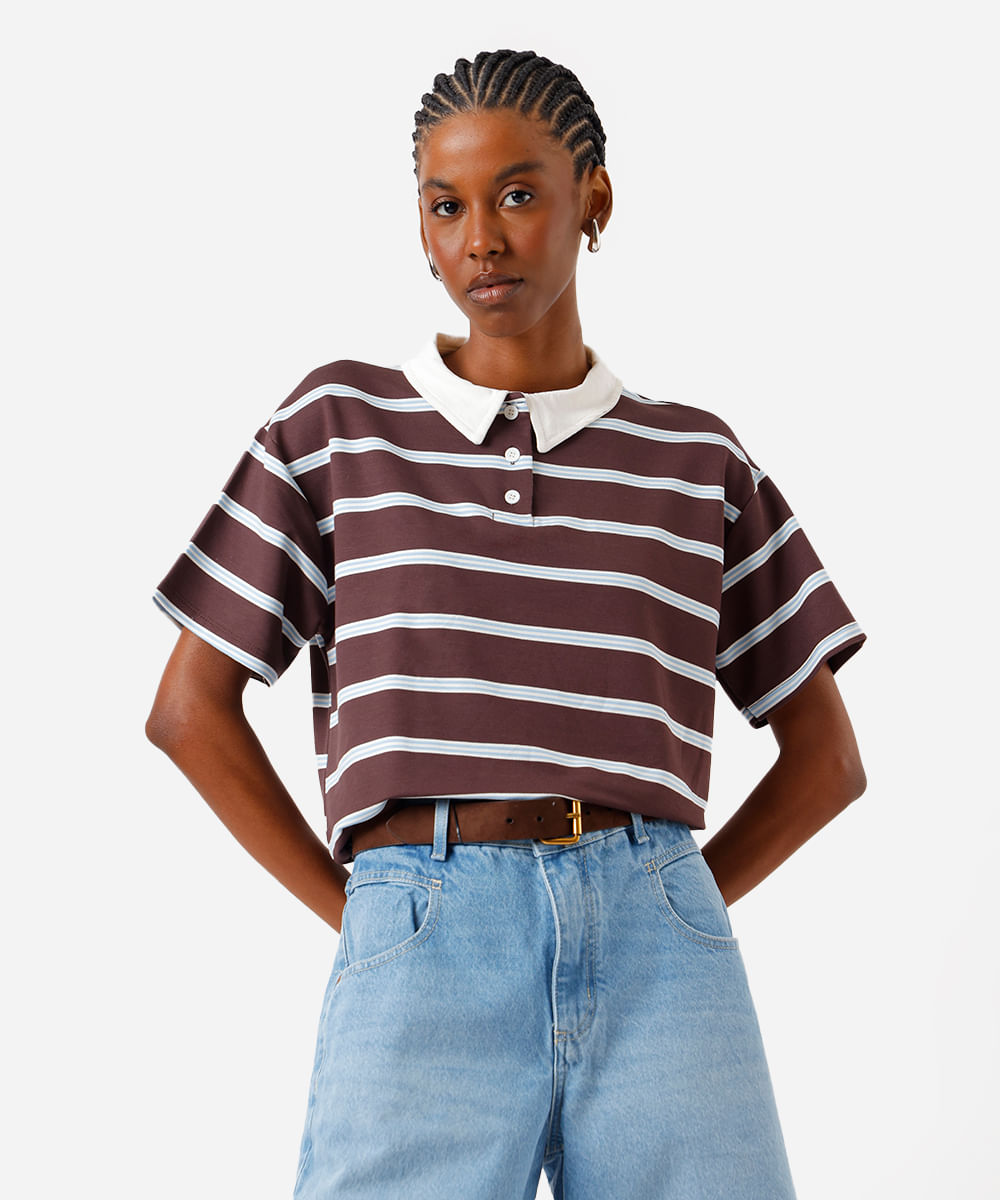 polo boxer feminina com viscose listrada marrom