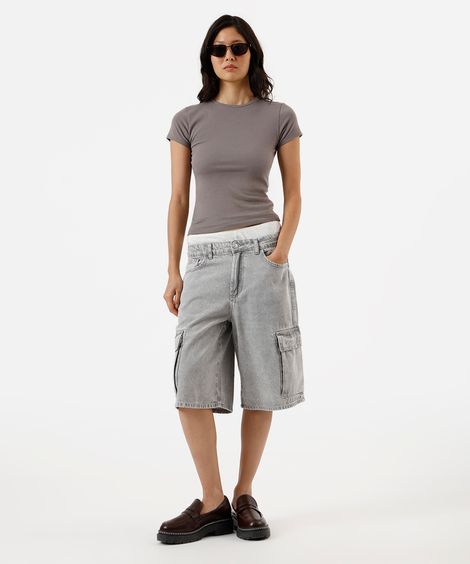 bermuda jorts feminina jeans com bolsos cargo cinza