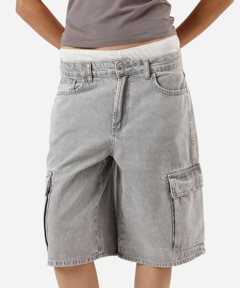 bermuda jorts feminina jeans com bolsos cargo cinza