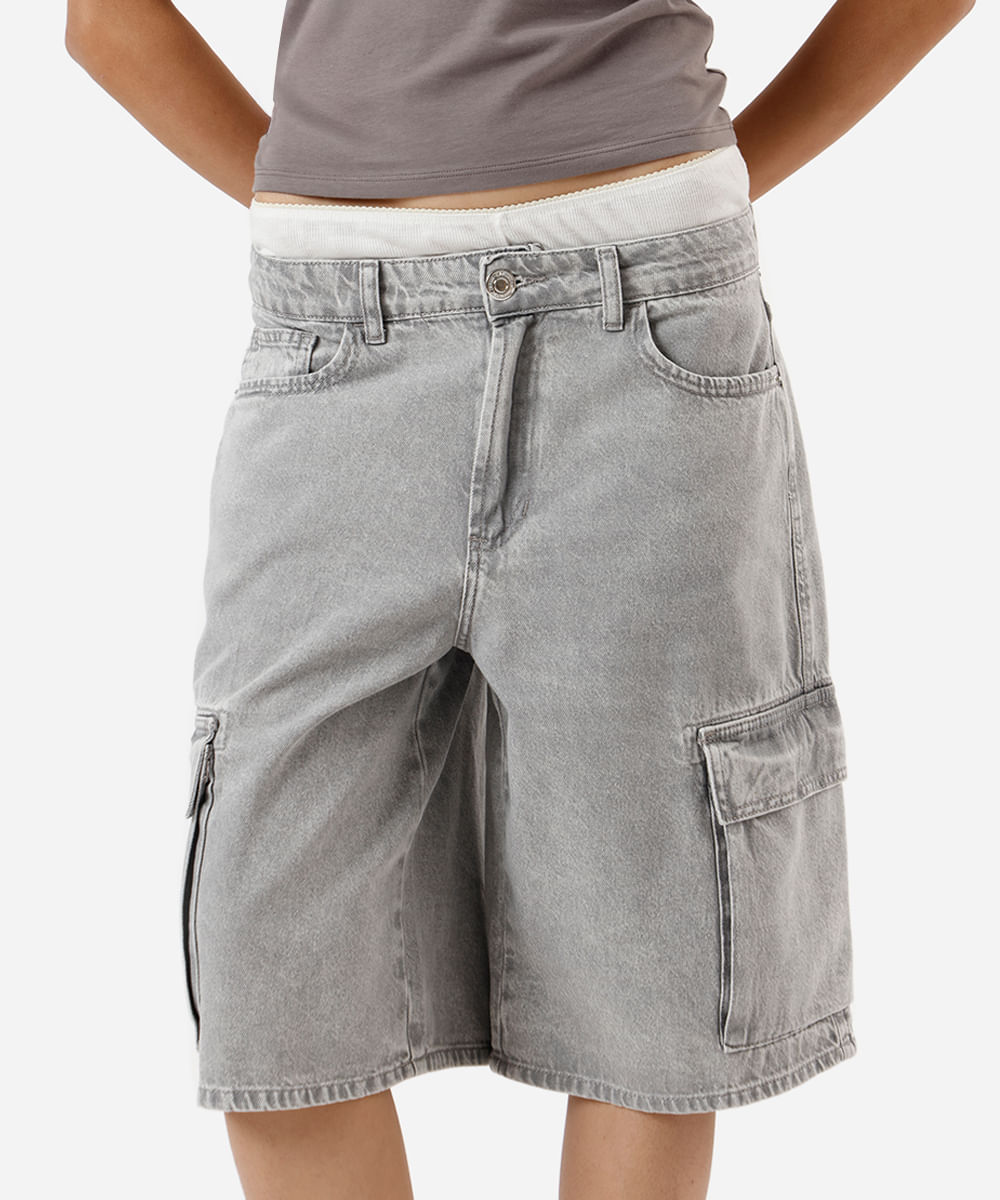bermuda jorts feminina jeans com bolsos cargo cinza