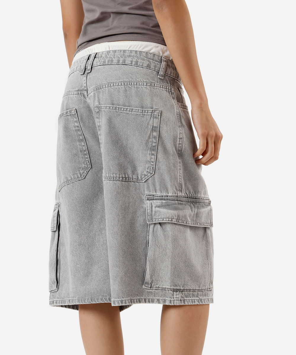 bermuda jorts feminina jeans com bolsos cargo cinza