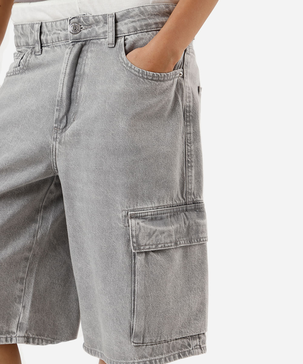 bermuda jorts feminina jeans com bolsos cargo cinza