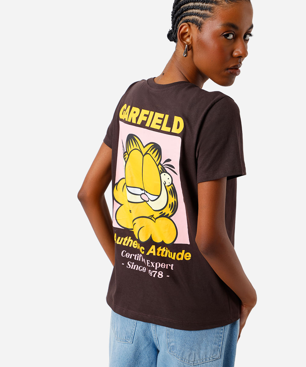 camiseta feminina algodão garfield marrom