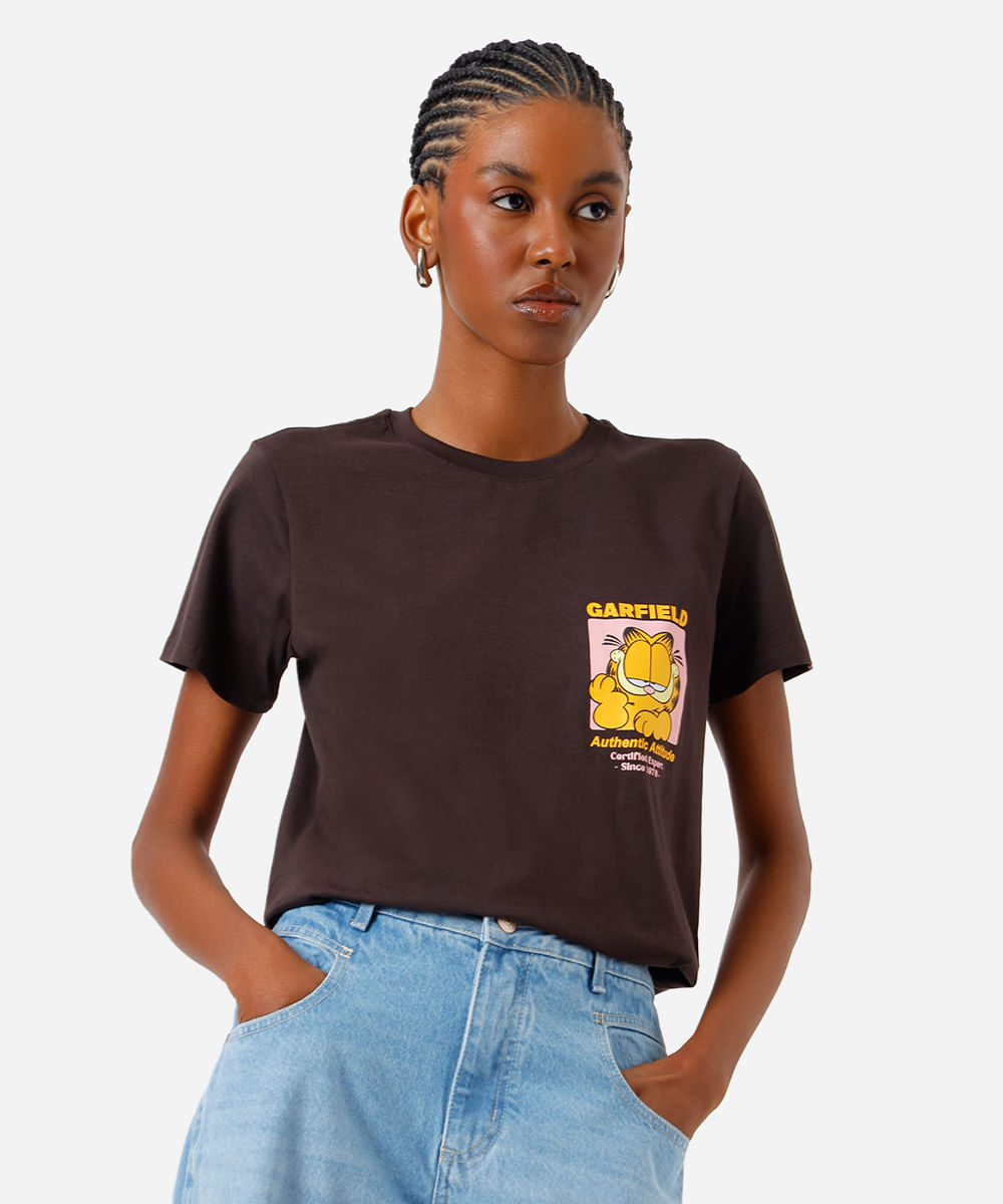 camiseta feminina algodão garfield marrom