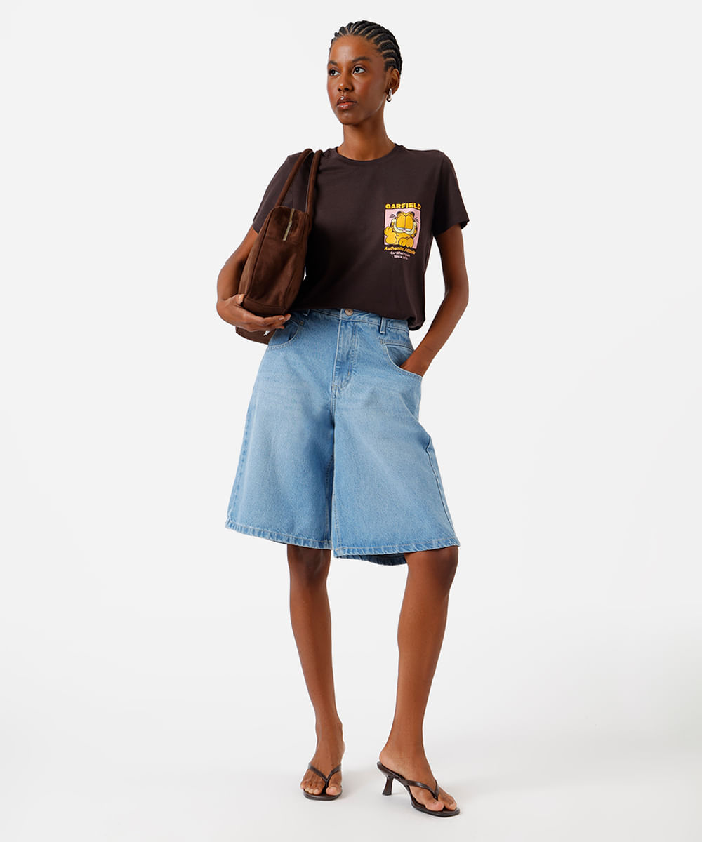 camiseta feminina algodão garfield marrom