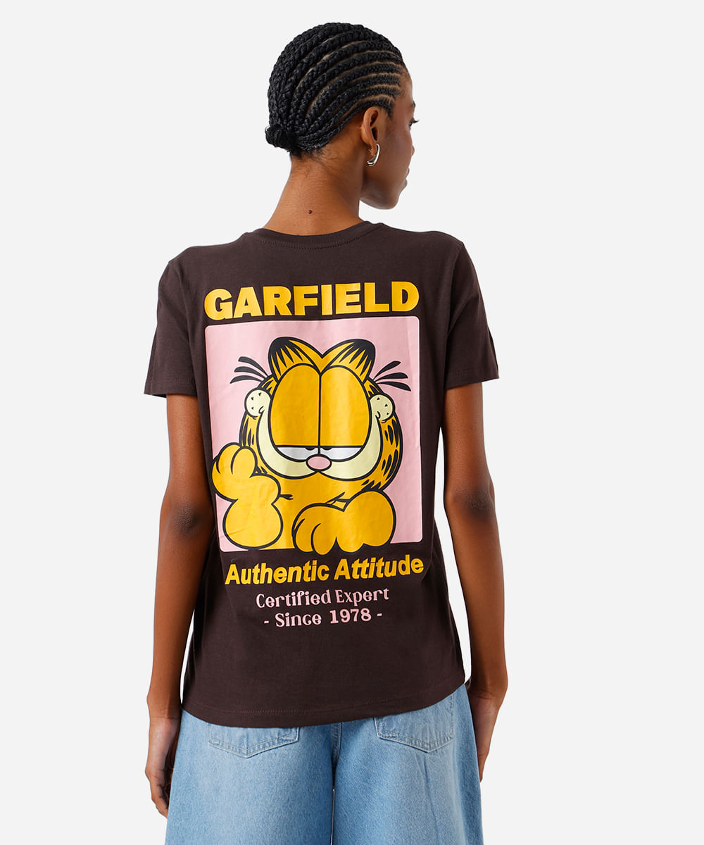 camiseta feminina algodão garfield marrom