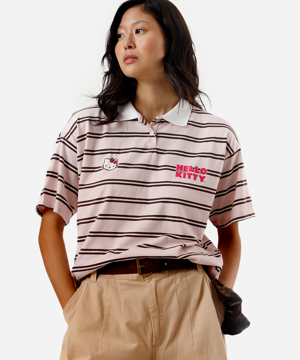 polo feminina com algodão listrada hello kitty rosa
