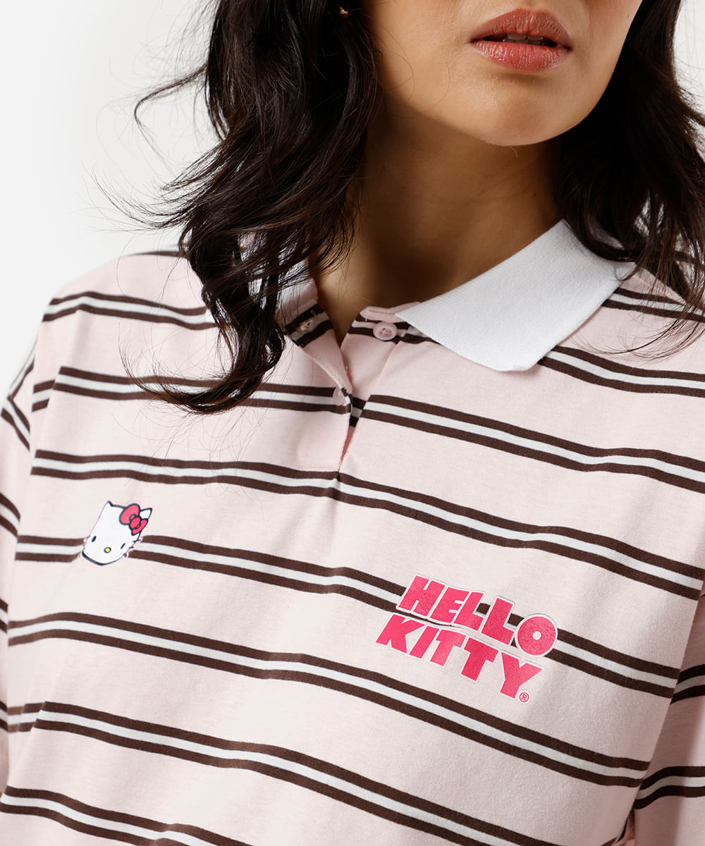 polo feminina com algodão listrada hello kitty rosa