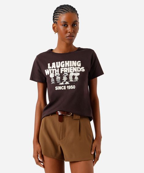 camiseta feminina de algodão snoopy e amigos marrom