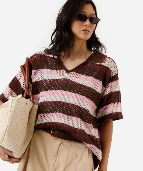 polo feminina de tricot listrada colorida