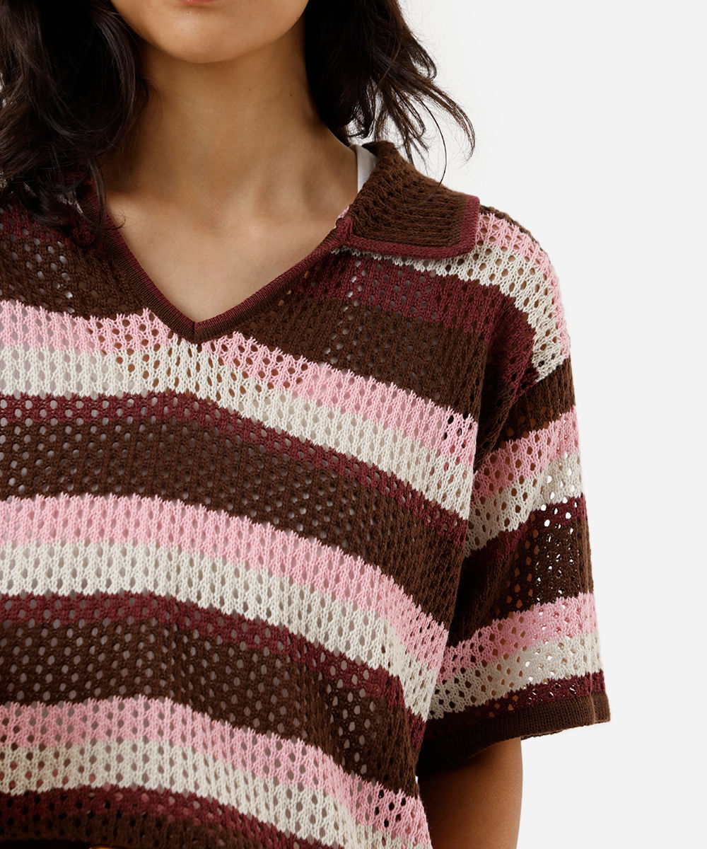 polo feminina de tricot listrada colorida