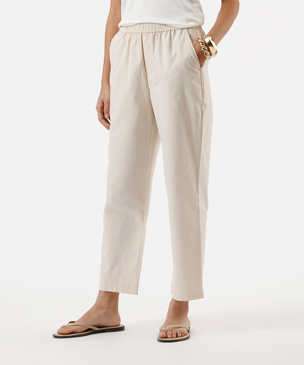 calça reta básica feminina de algodão bege