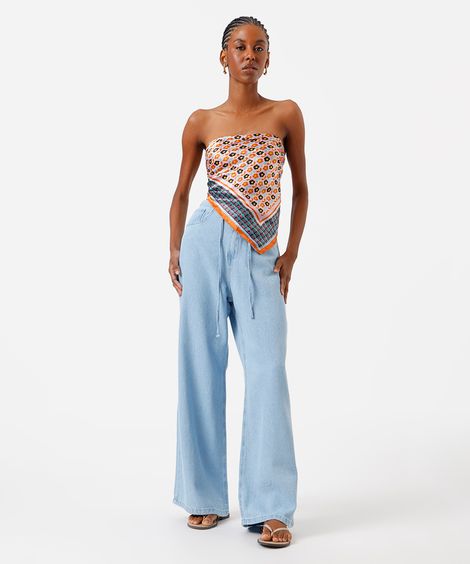 calça estilo pijama feminina jeans com cordão azul