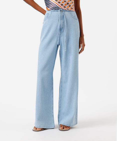 calça estilo pijama feminina jeans com cordão azul