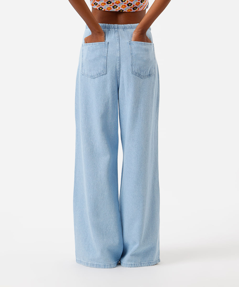 calça estilo pijama feminina jeans com cordão azul