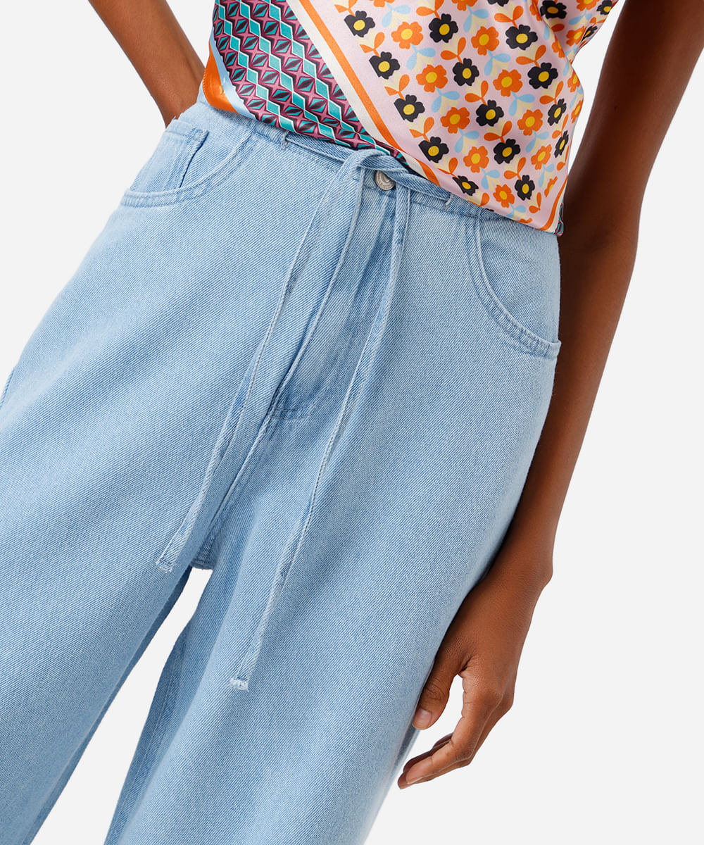 calça estilo pijama feminina jeans com cordão azul