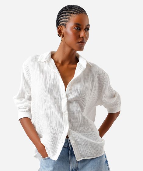 camisa feminina de algodão texturizada off white