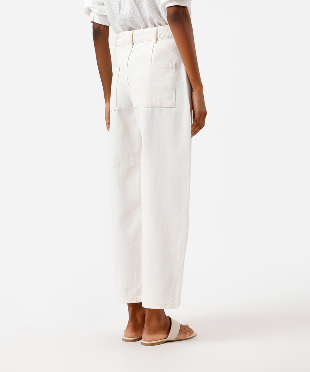 calça baggy feminina de sarja com bordado floral off white