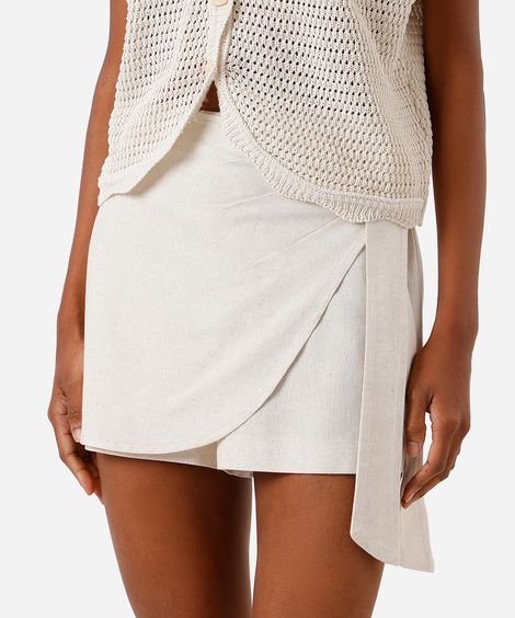 short saia feminino com linho e amarração bege