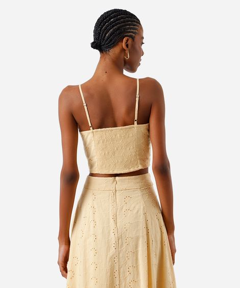 cropped feminino de laise alça fina com recorte amarelo