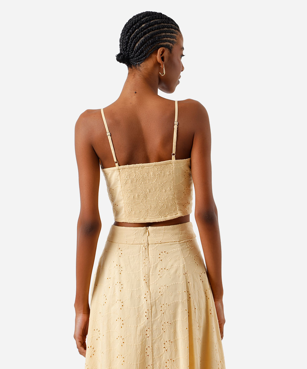 cropped feminino de laise alça fina com recorte amarelo