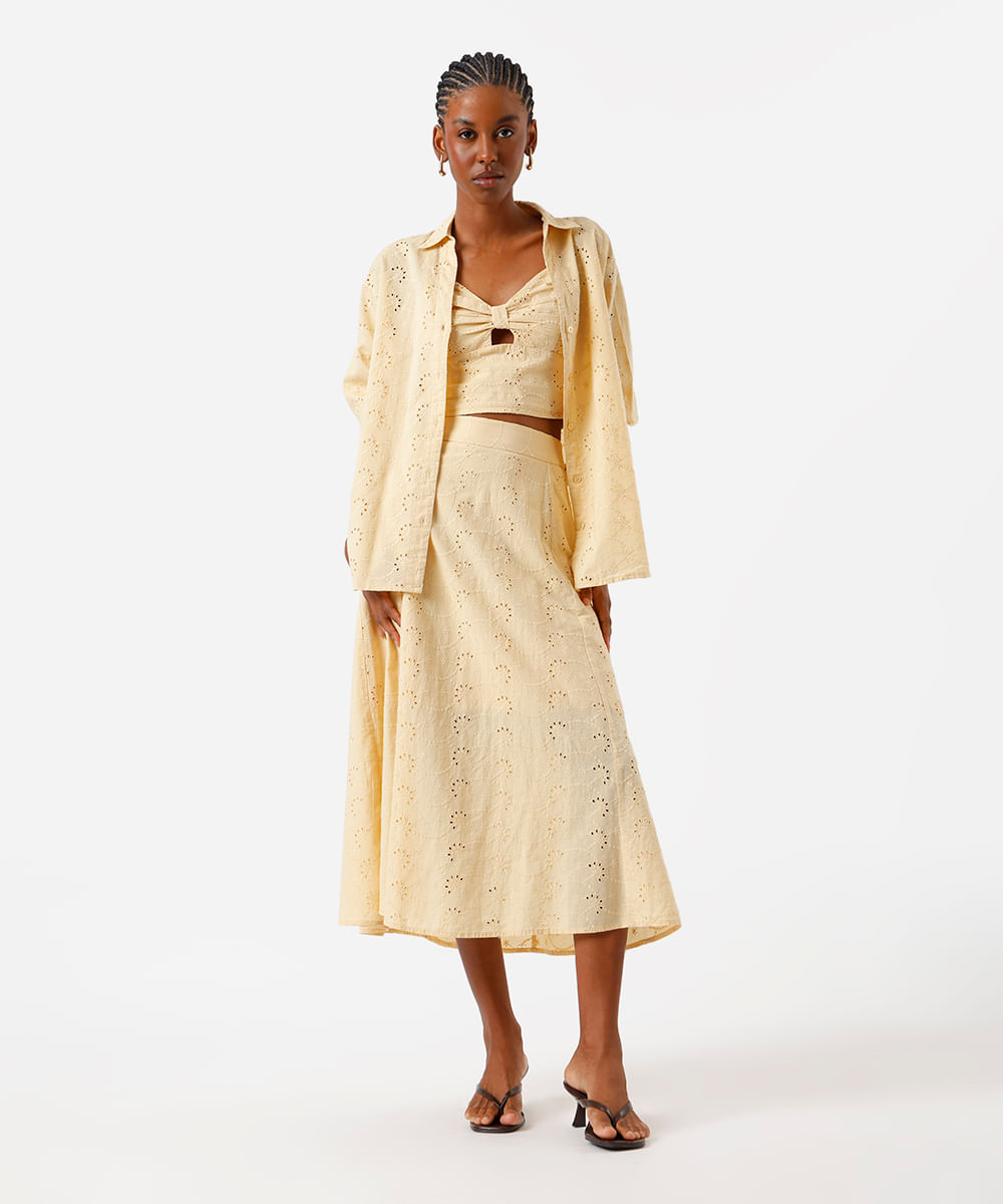 cropped feminino de laise alça fina com recorte amarelo