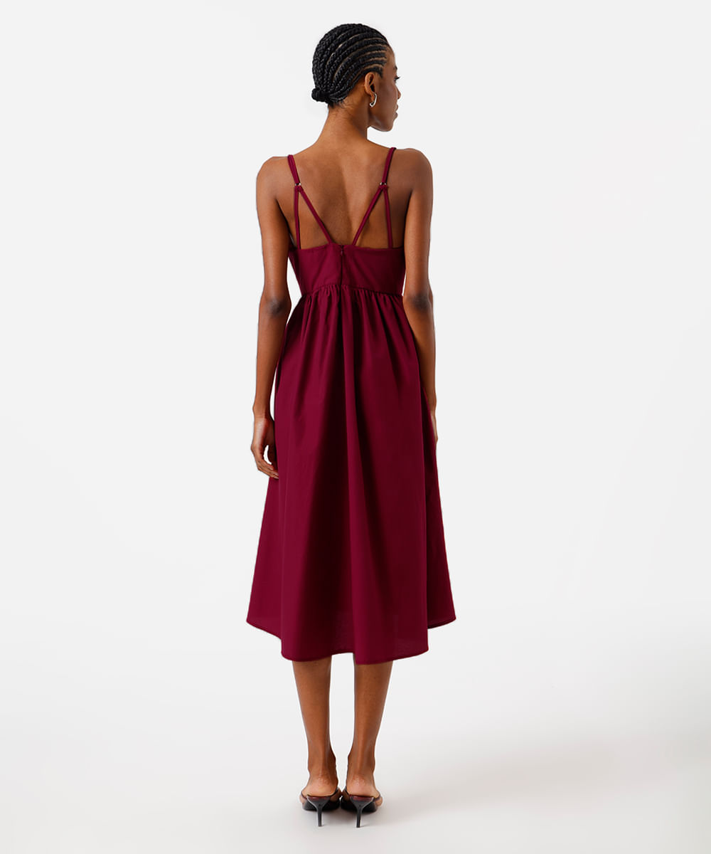 vestido midi alça fina feminino com algodão decote coração vinho