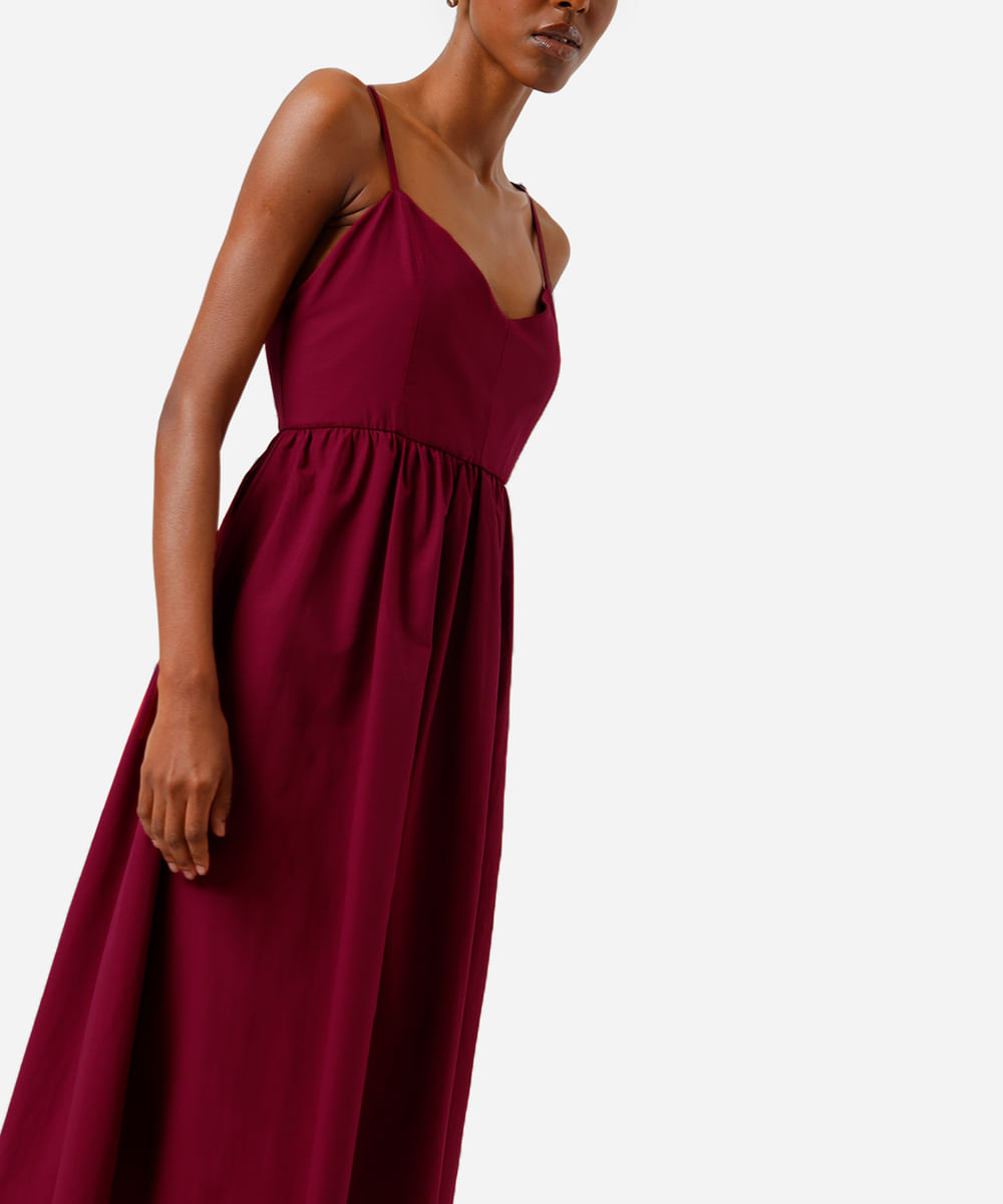 vestido midi alça fina feminino com algodão decote coração vinho