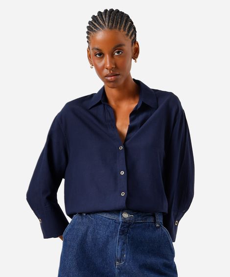 camisa feminina com linho manga longa azul