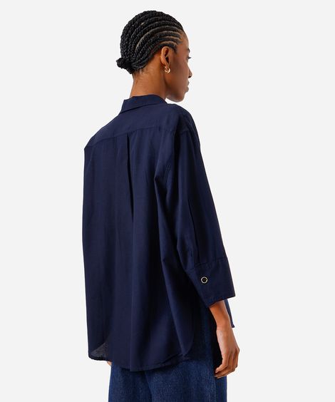 camisa feminina com linho manga longa azul