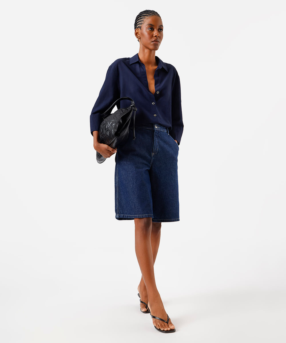 camisa feminina com linho manga longa azul