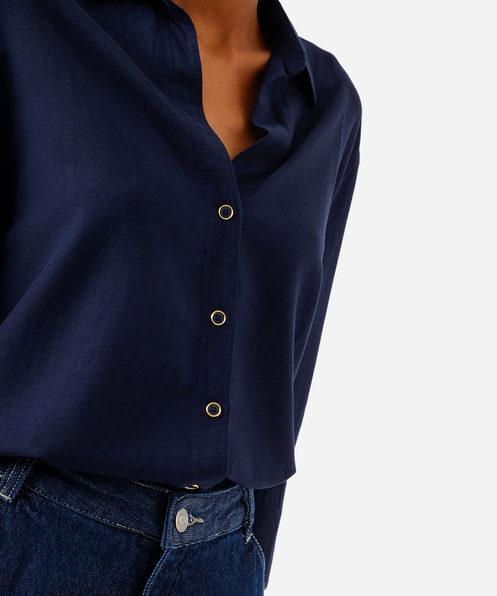 camisa feminina com linho manga longa azul