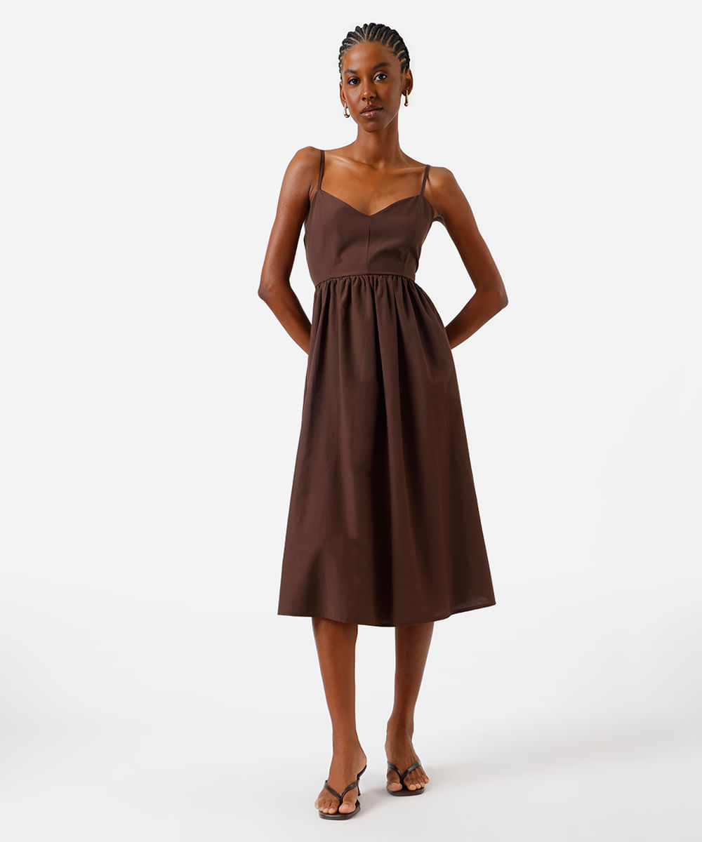 vestido midi alça fina feminino com algodão decote coração marrom
