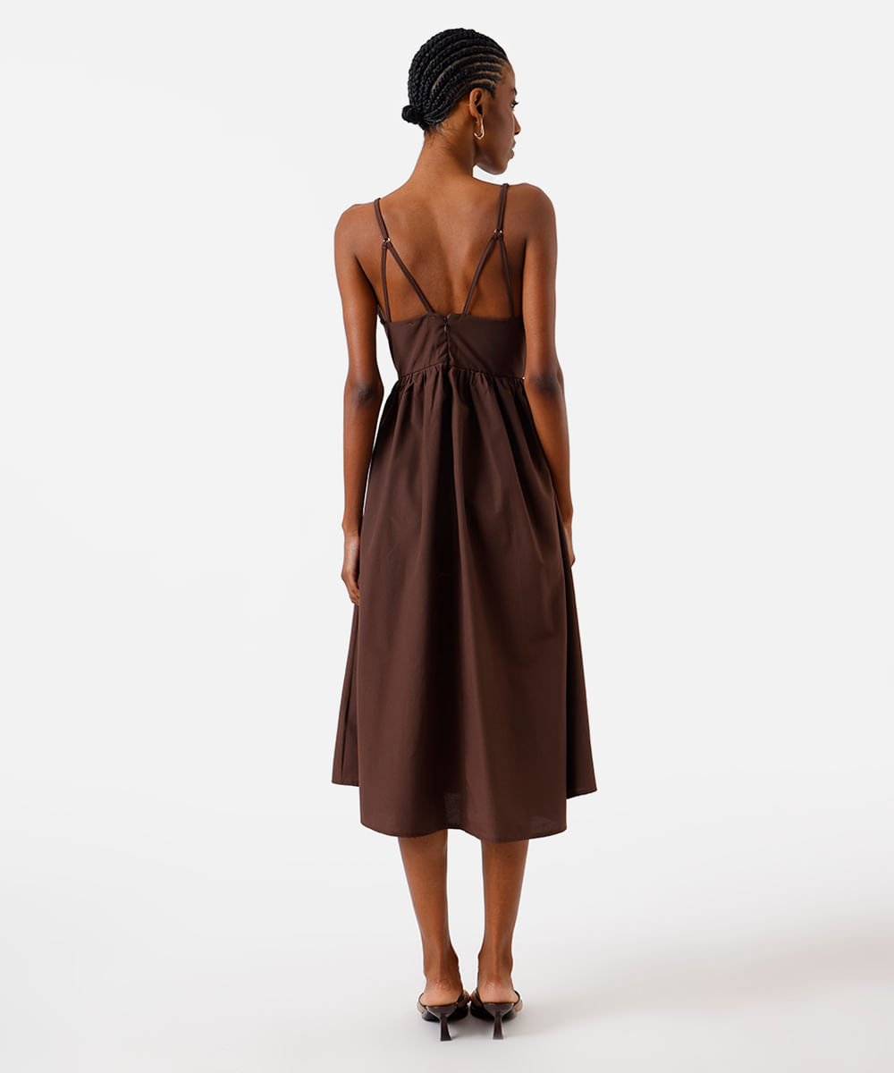 vestido midi alça fina feminino com algodão decote coração marrom