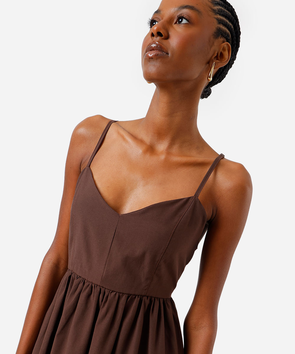 vestido midi alça fina feminino com algodão decote coração marrom