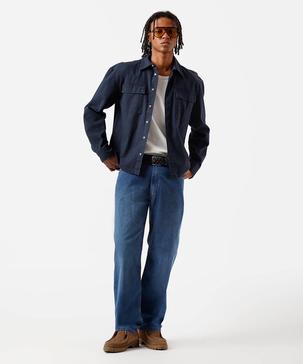 calça reta masculina jeans azul