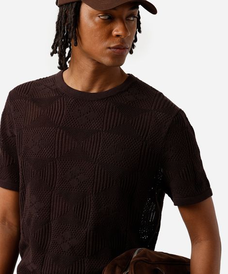 camiseta masculina de tricot floral marrom