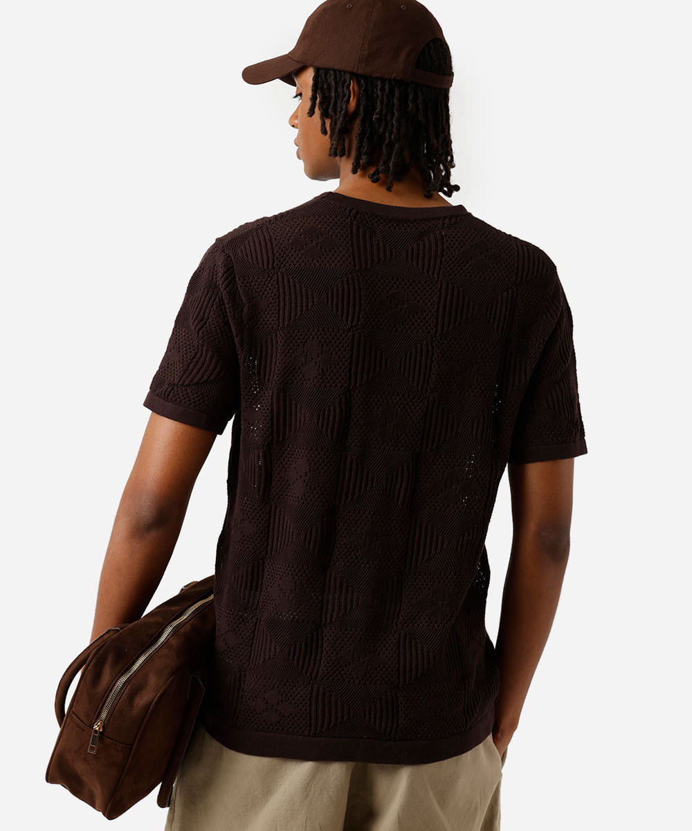 camiseta masculina de tricot floral marrom