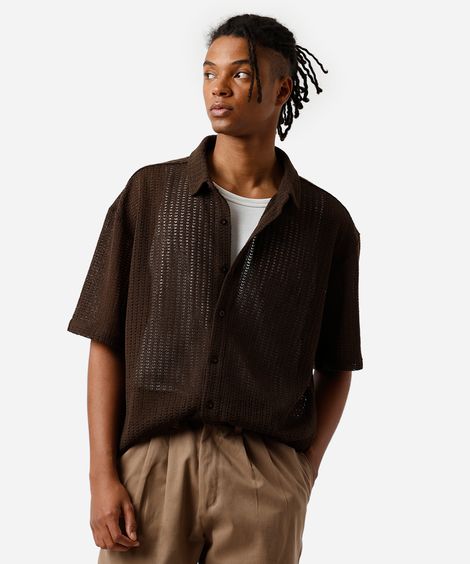 camisa box masculina de tricot texturizada marrom