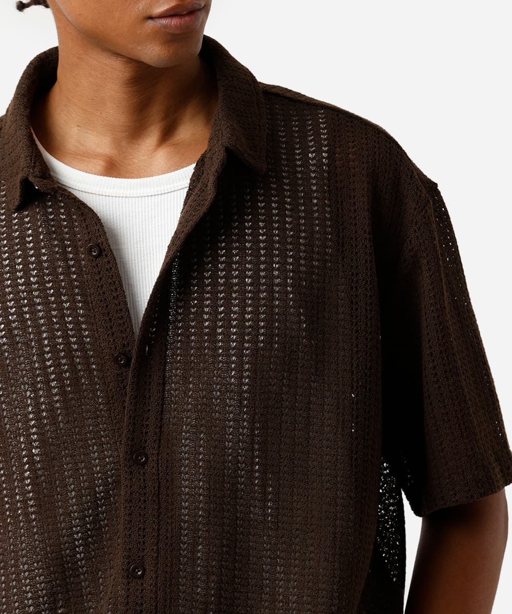 camisa box masculina de tricot texturizada marrom