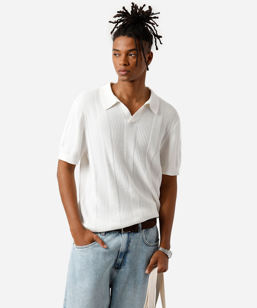 polo masculina de tricot texturizada off white