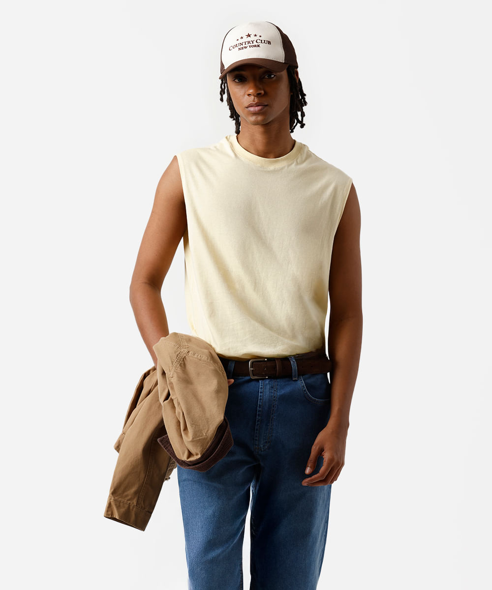 regata machão masculina básica comfort de algodão amarela